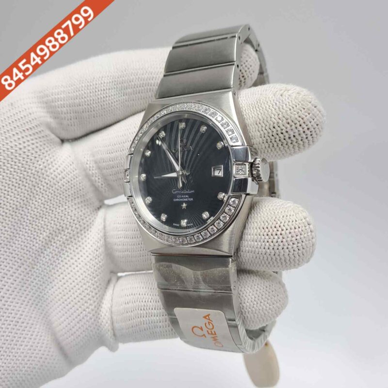 Omega Constellation Co Axial Steel Diamond Bezel Black Dial Swiss Automatic Watch - Image 2