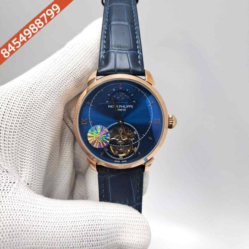 PATEK PHILIPPE Rose Gold Couro Blue Dial Leather Strap Swiss Automatic Watch