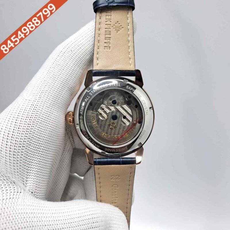 PATEK PHILIPPE Rose Gold Couro Blue Dial Leather Strap Swiss Automatic Watch - Image 4