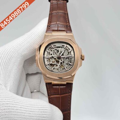 Patek Philippe Nautilus Rose Gold Bazel Silver Dial Brown Leather Strap Swiss Automatic Watch