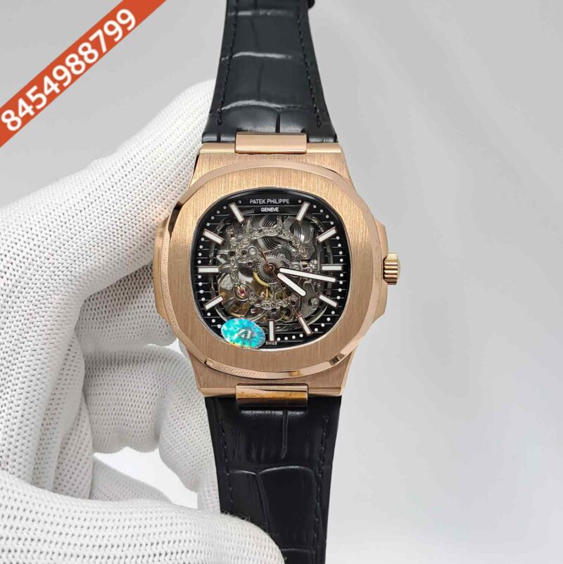 Patek Philippe Nautilus Rose Gold Black Dial Black Leather Strap Swiss Automatic Watch