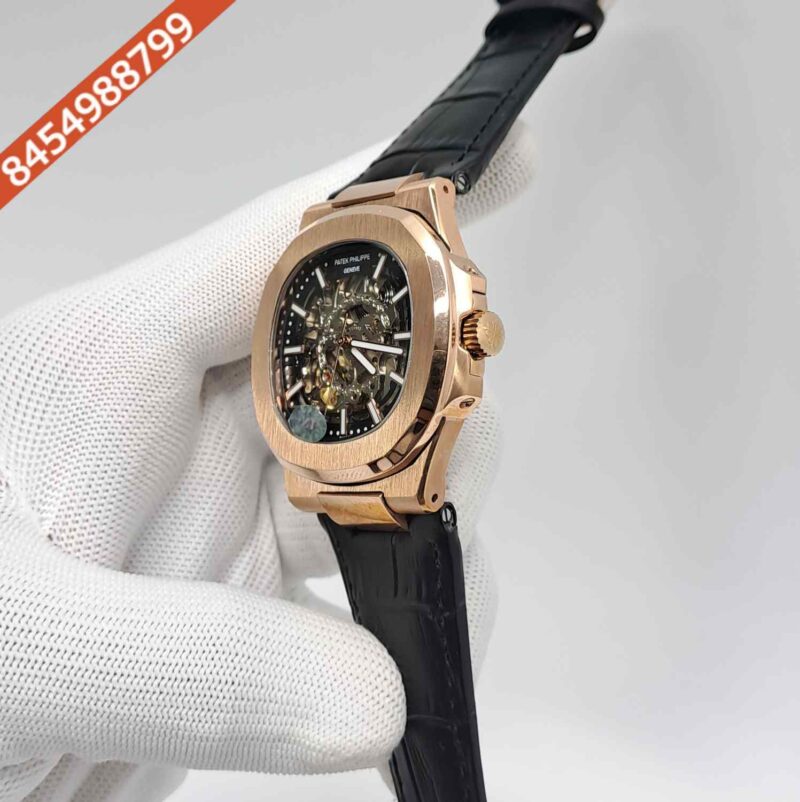Patek Philippe Nautilus Rose Gold Black Dial Black Leather Strap Swiss Automatic Watch - Image 3