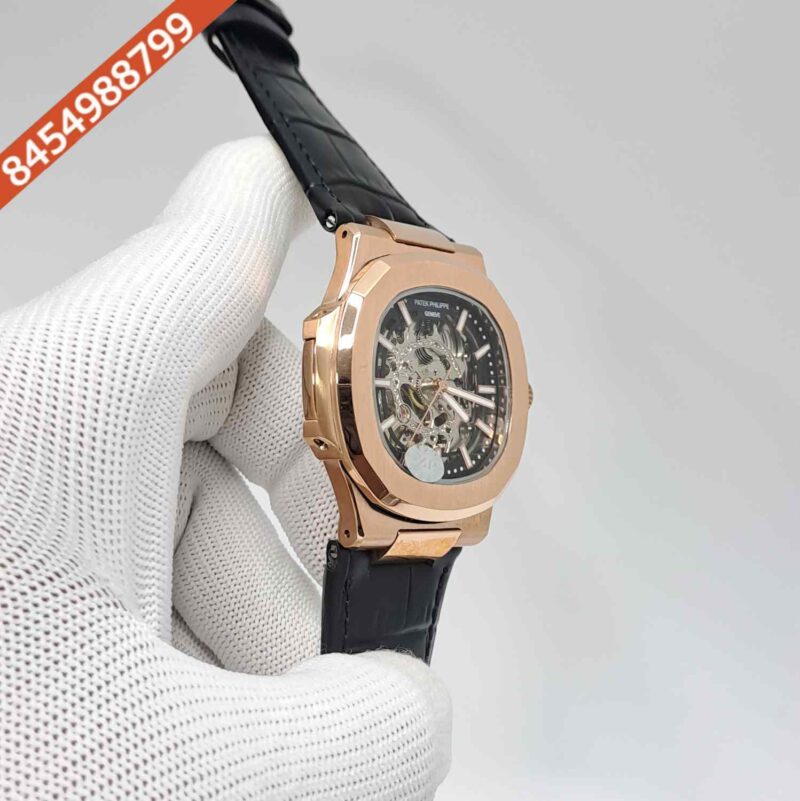 Patek Philippe Nautilus Rose Gold Black Dial Black Leather Strap Swiss Automatic Watch - Image 2
