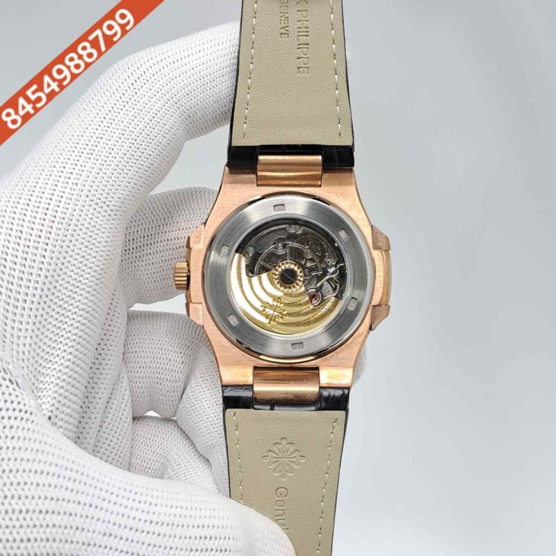 Patek Philippe Nautilus Rose Gold Black Dial Black Leather Strap Swiss Automatic Watch - Image 4