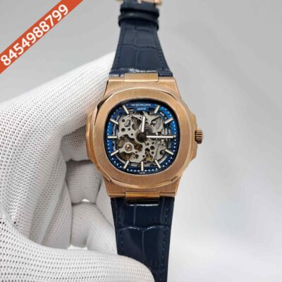 Patek Philippe Nautilus Rose Gold Blue Dial Blue Leather Strap Swiss Automatic Watch
