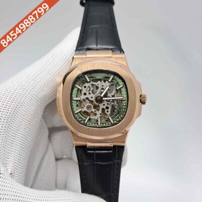 Patek Philippe Nautilus Rose Gold Green Dial Black Leather Strap Swiss Automatic Watch