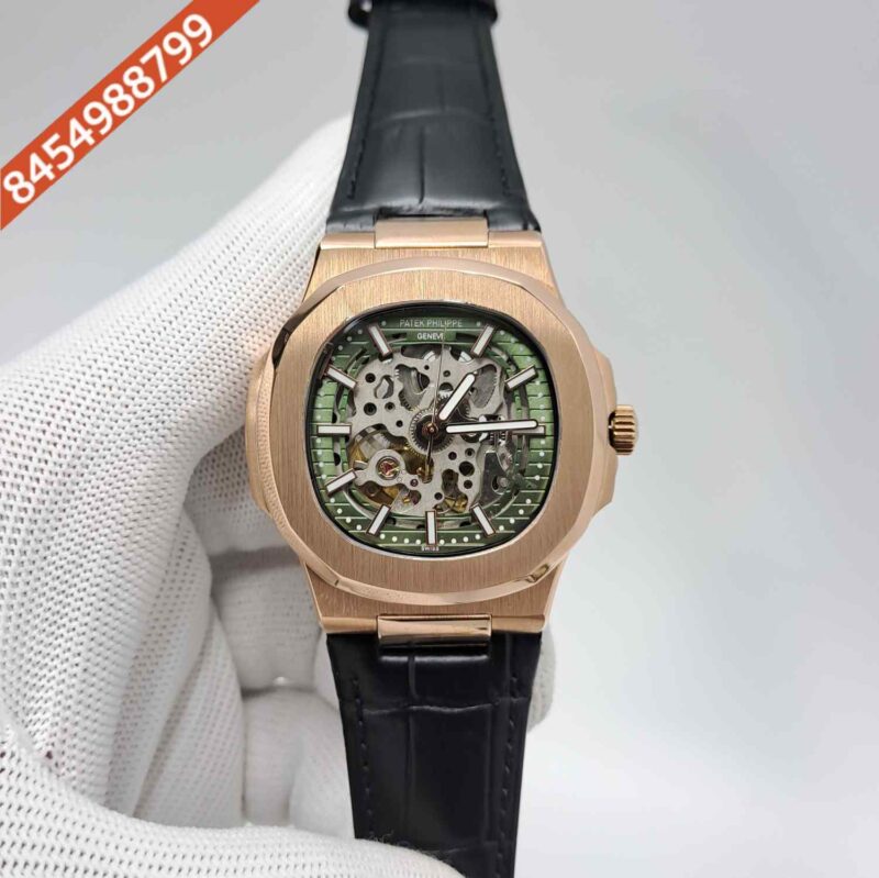 Patek Philippe Nautilus Rose Gold Green Dial Black Leather Strap Swiss Automatic Watch