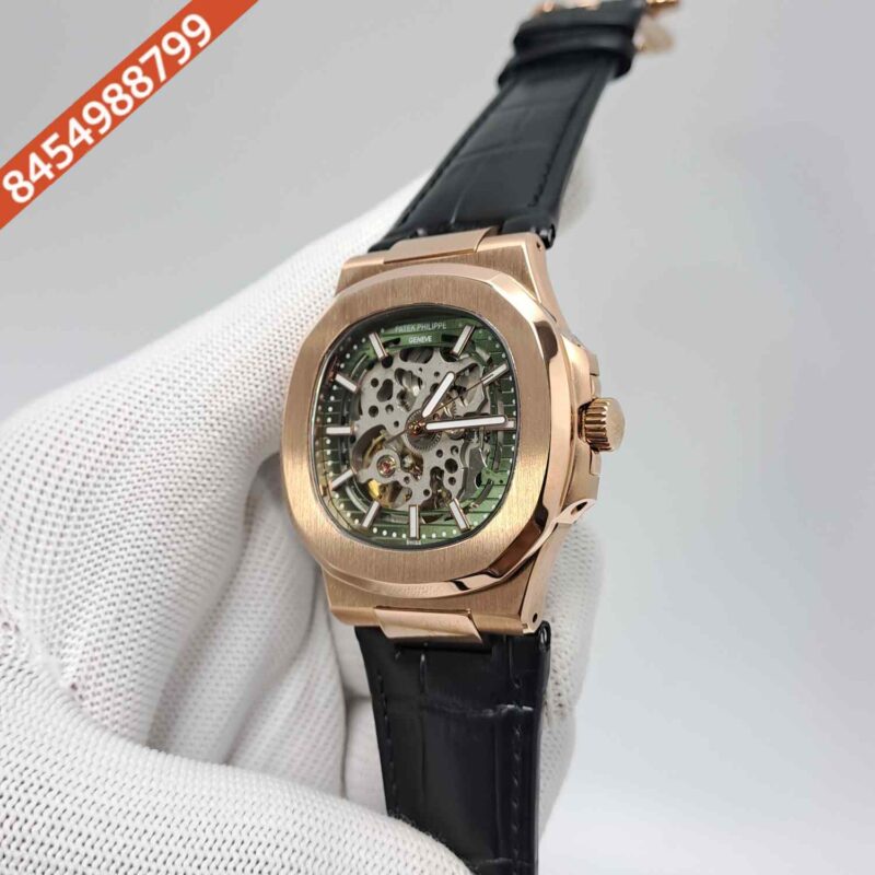 Patek Philippe Nautilus Rose Gold Green Dial Black Leather Strap Swiss Automatic Watch - Image 3