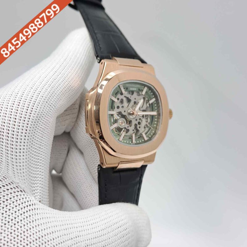 Patek Philippe Nautilus Rose Gold Green Dial Black Leather Strap Swiss Automatic Watch - Image 2
