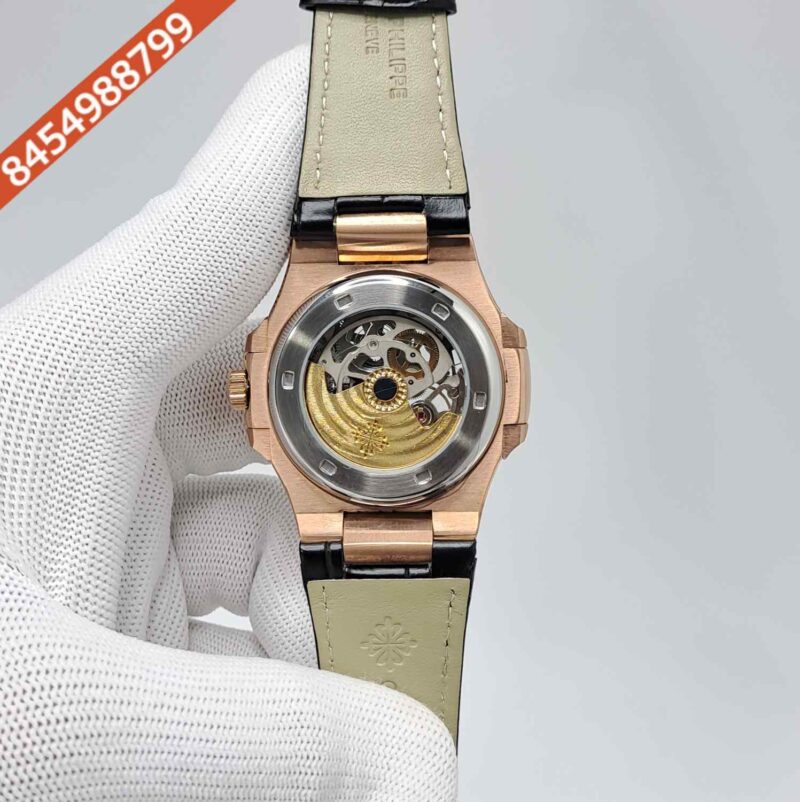 Patek Philippe Nautilus Rose Gold Green Dial Black Leather Strap Swiss Automatic Watch - Image 4