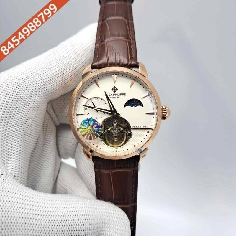 Patek Philippe Tourbillon Perpetuel Rose Gold White Dial Brown Leather Swiss Automatic Watch