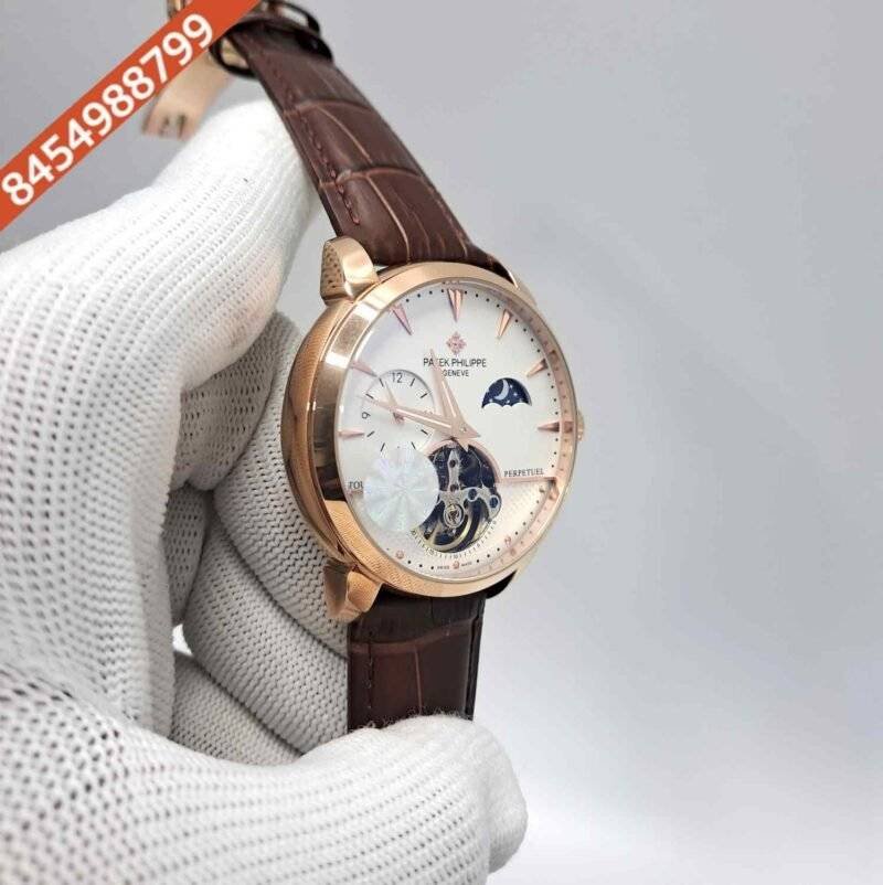 Patek Philippe Tourbillon Perpetuel Rose Gold White Dial Brown Leather Swiss Automatic Watch - Image 3