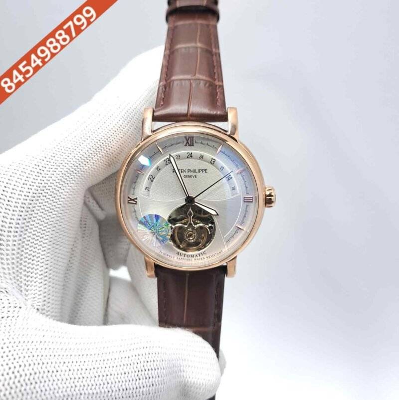Patek Philippe Tourbillon Perpetuel Silver Dial Brown Leather Swiss Automatic Watch