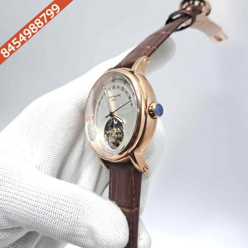 Patek Philippe Tourbillon Perpetuel Silver Dial Brown Leather Swiss Automatic Watch - Image 2