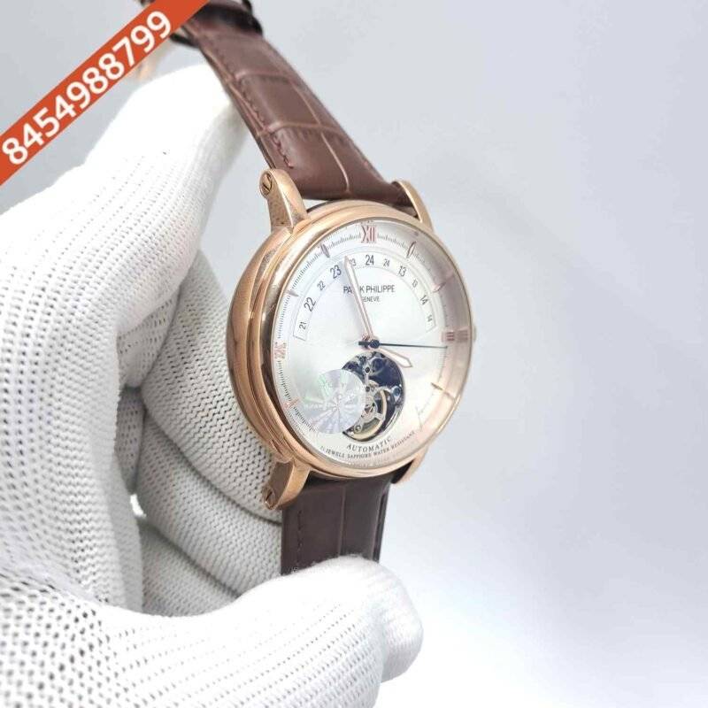 Patek Philippe Tourbillon Perpetuel Silver Dial Brown Leather Swiss Automatic Watch - Image 3