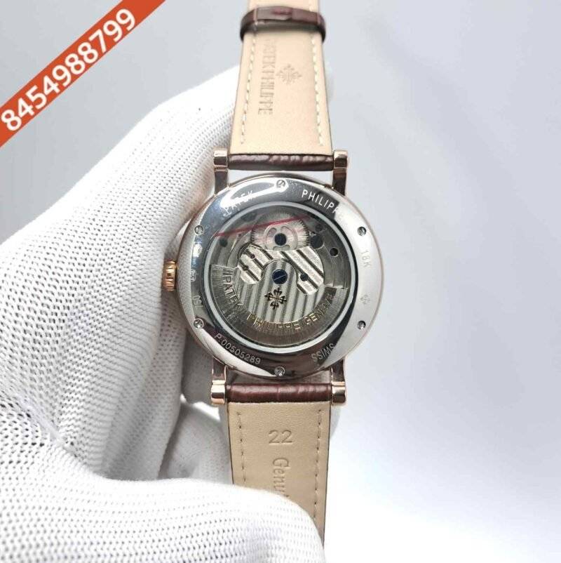 Patek Philippe Tourbillon Perpetuel Silver Dial Brown Leather Swiss Automatic Watch - Image 4