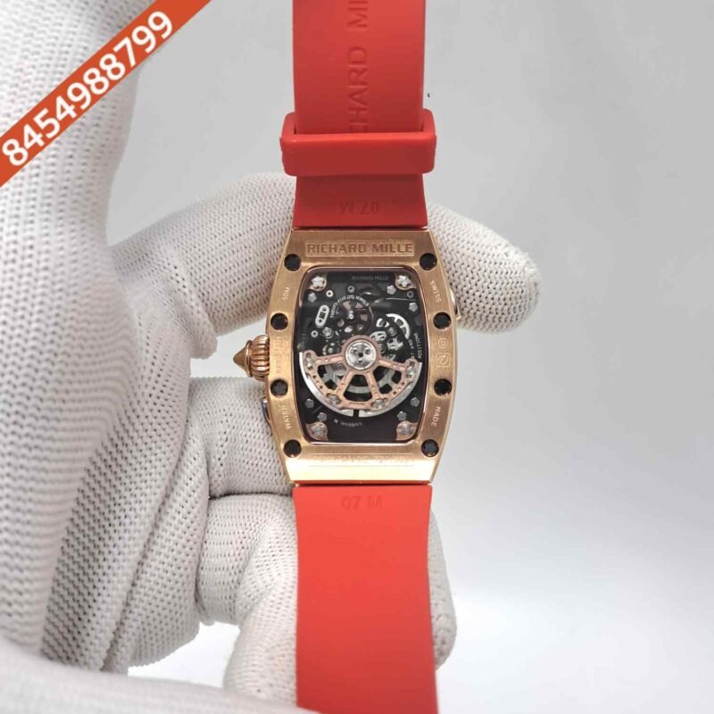 Richard Mille RM 07-01 Rose Gold Red Rubber Strap Swiss Semi ETA Automatic Watch - Image 4