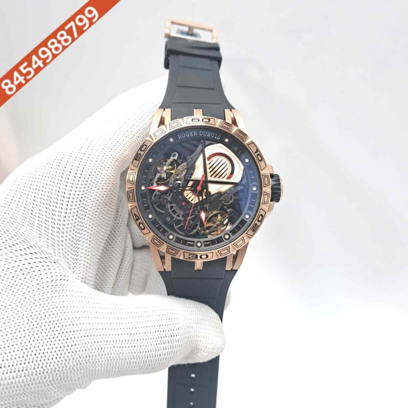 Roger Dubuis Excalibur Aventador Rose Gold Black Dial Black Rubber Swiss Automatic Watch