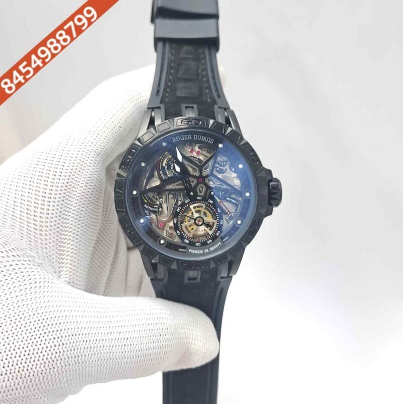 Roger Dubuis Excalibur Flying Tourbillion Full Black Dial Rubber Strap Swiss Automatic Watch