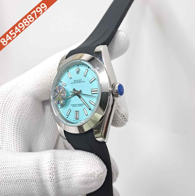 Rolex DateJust Plain Bezel Blue Dial Black Rubber Swiss Automatic Watch - Image 2