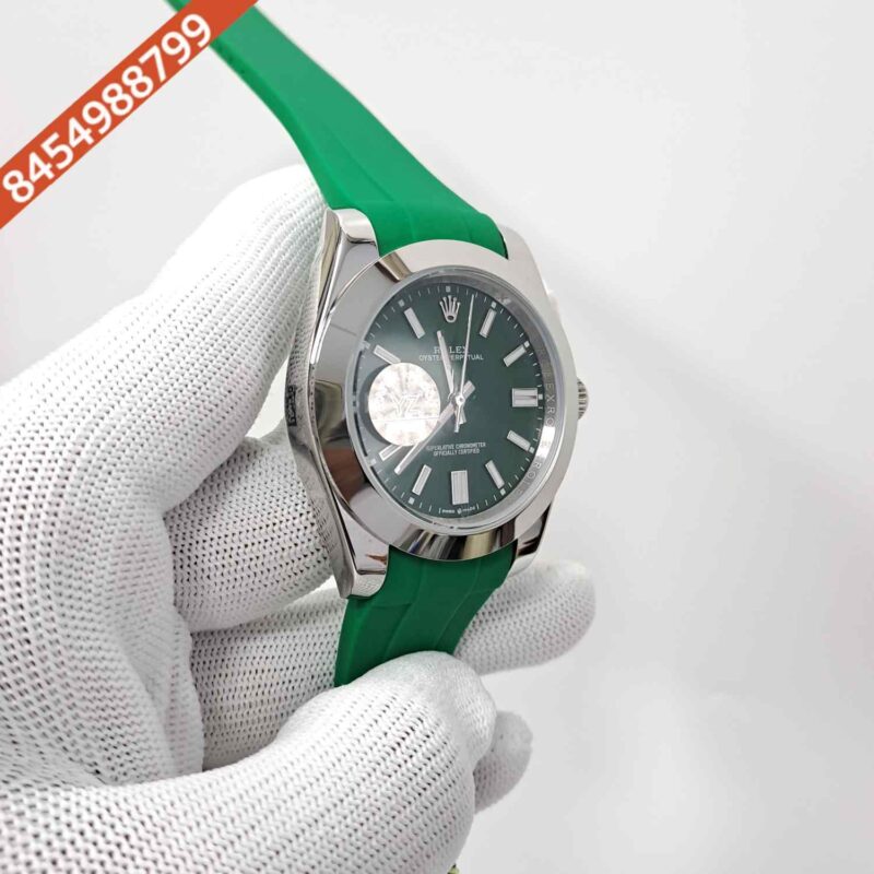 Rolex DateJust Plain Bezel Green Dial Green Rubber Swiss Automatic Watch - Image 3