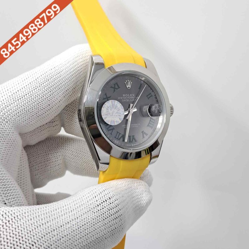 Rolex DateJust Plain Bezel Grey Dial Yellow Rubber Swiss Automatic Watch - Image 3