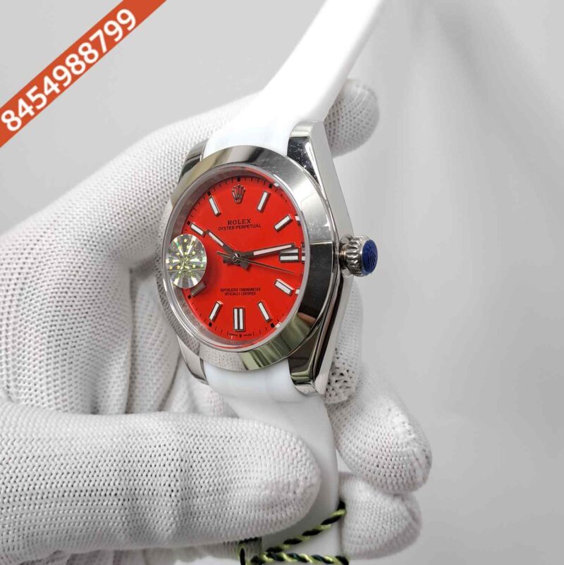 Rolex DateJust Plain Bezel Red Dial White Rubber Swiss Automatic Watch - Image 2