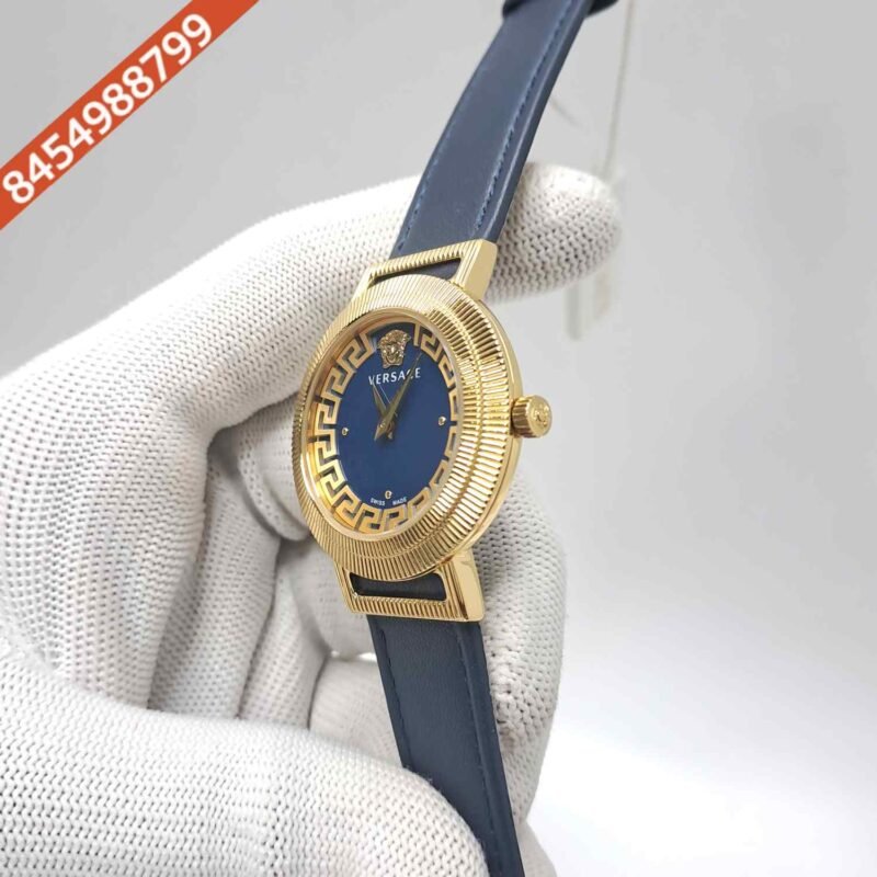 Versace Greca Chic Gold Blue Dial Leather Strap Swiss Watch - Image 2