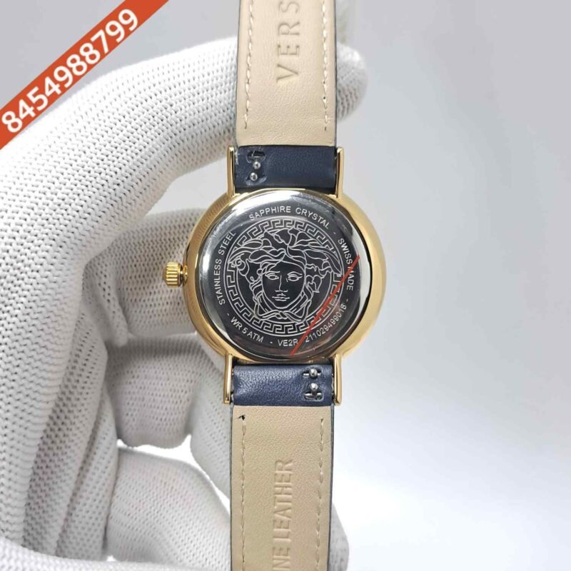 Versace Greca Chic Gold Blue Dial Leather Strap Swiss Watch - Image 4