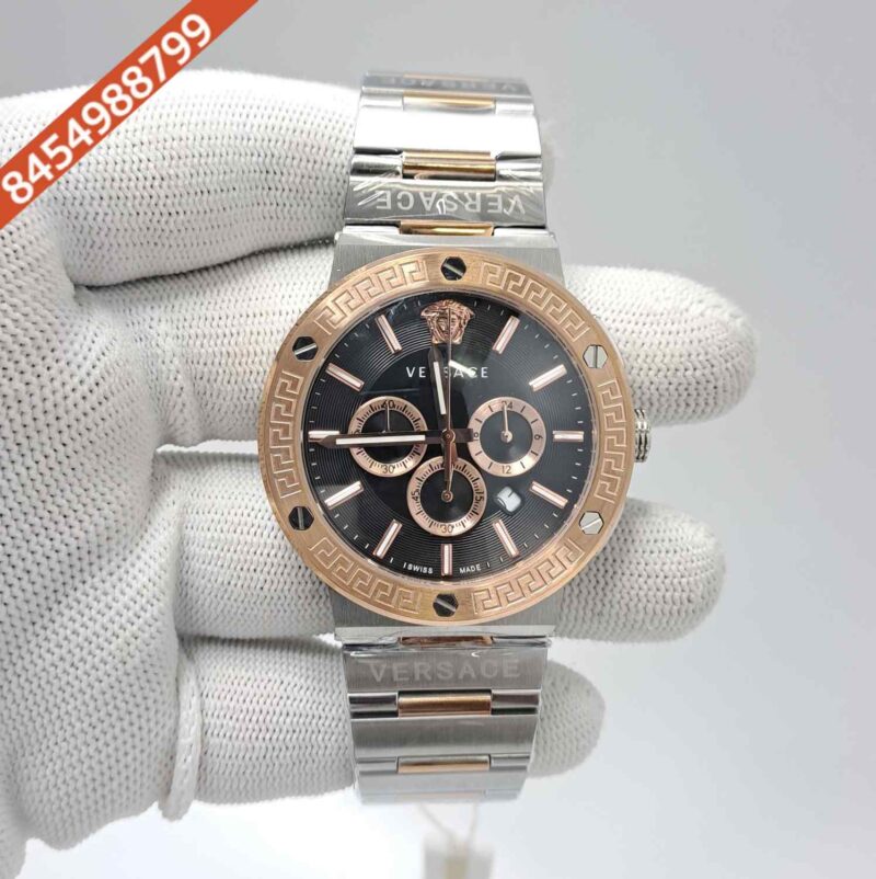 Versace Greca Logo Chronograph Dual Tone Black Dial Swiss Watch