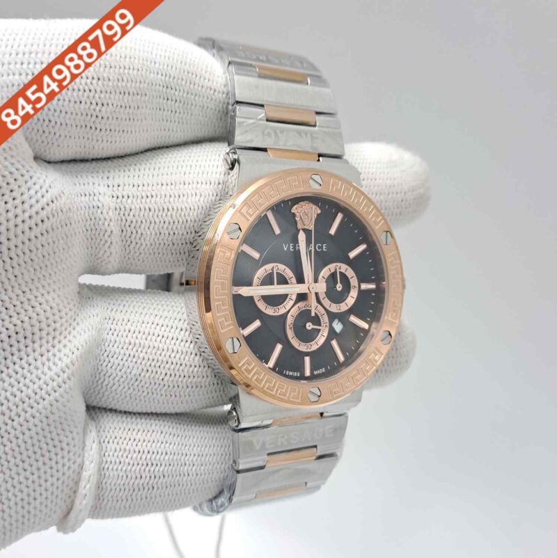 Versace Greca Logo Chronograph Dual Tone Black Dial Swiss Watch - Image 3