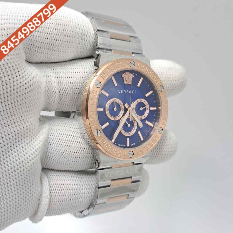 Versace Greca Logo Chronograph Dual Tone Blue Dial Swiss Watch - Image 3