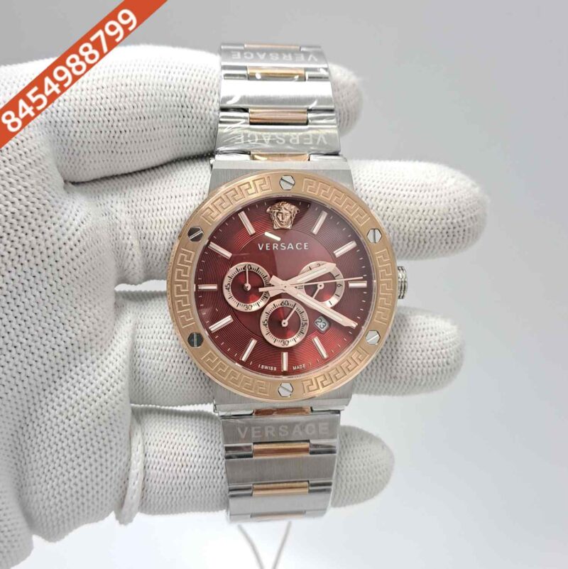Versace Greca Logo Chronograph Dual Tone Red Dial Swiss Watch