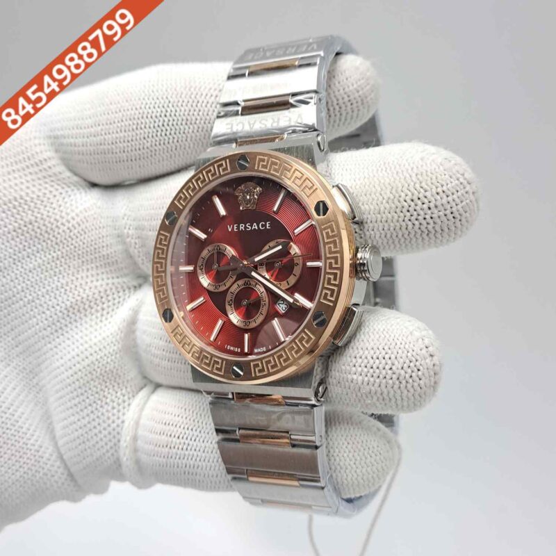 Versace Greca Logo Chronograph Dual Tone Red Dial Swiss Watch - Image 2