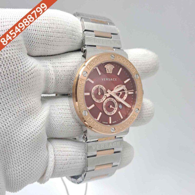 Versace Greca Logo Chronograph Dual Tone Red Dial Swiss Watch - Image 3