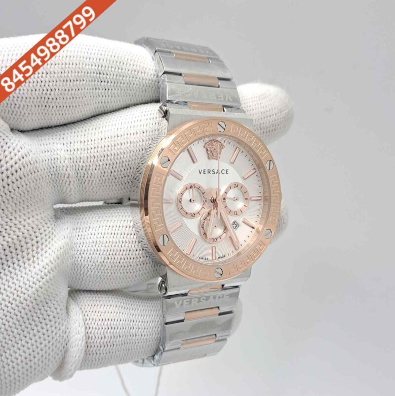 Versace Greca Logo Chronograph Dual Tone White Dial Swiss Watch - Image 3