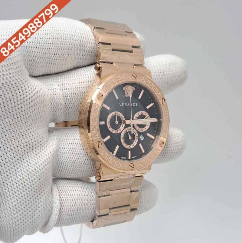 Versace Greca Logo Chronograph Full Rose Gold Black Dial Swiss Watch - Image 3