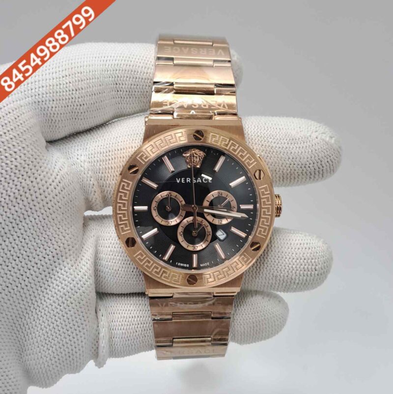 Versace Greca Logo Chronograph Full Rose Gold Black Dial Swiss Watch