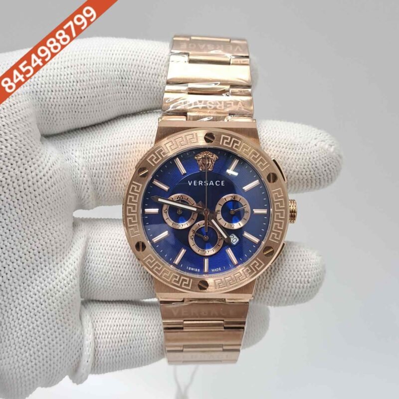 Versace Greca Logo Chronograph Full Rose Gold Blue Dial Swiss Watch