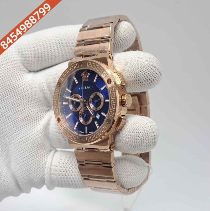 Versace Greca Logo Chronograph Full Rose Gold Blue Dial Swiss Watch - Image 2