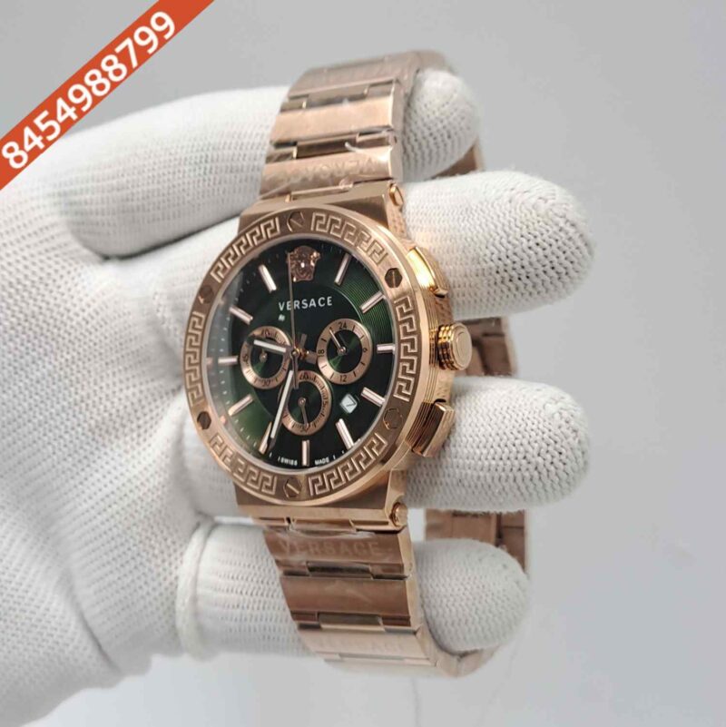 Versace Greca Logo Chronograph Full Rose Gold Green Dial Swiss Watch - Image 2