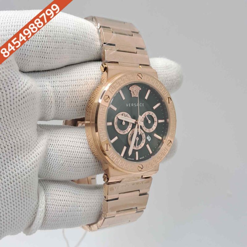 Versace Greca Logo Chronograph Full Rose Gold Green Dial Swiss Watch - Image 3