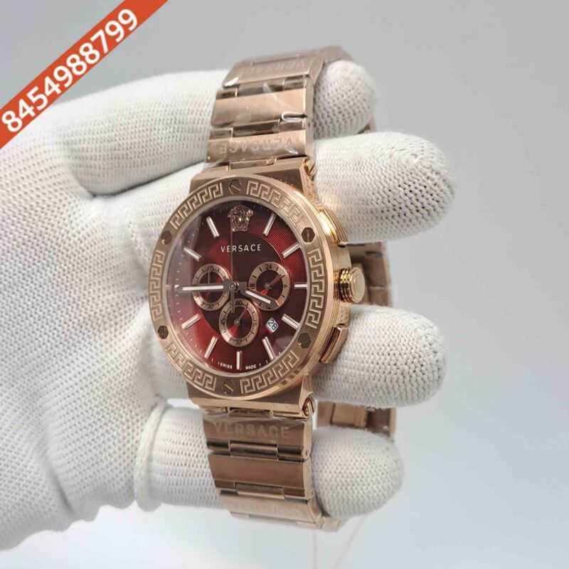 Versace Greca Logo Chronograph Full Rose Gold Red Dial Swiss Watch - Image 2