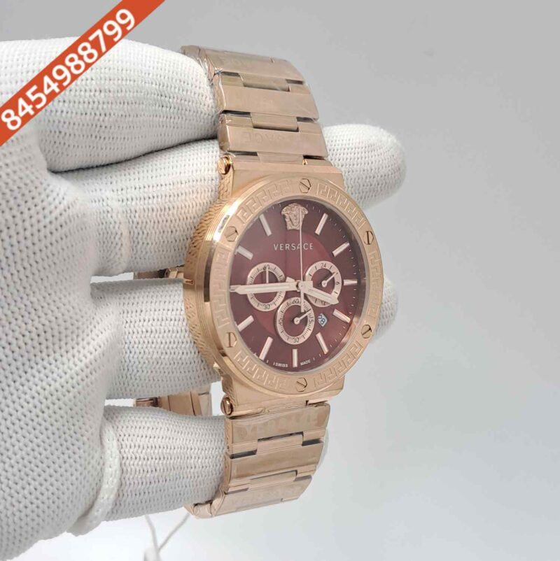 Versace Greca Logo Chronograph Full Rose Gold Red Dial Swiss Watch - Image 3