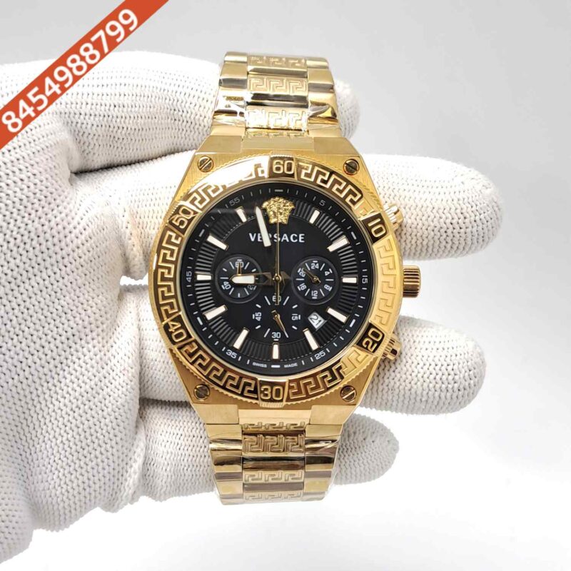 Versace V-Sporty Greca Chronograph Full Gold Black Dial Swiss Watch