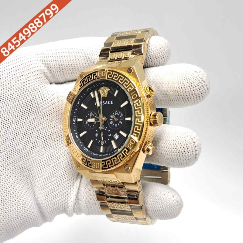 Versace V-Sporty Greca Chronograph Full Gold Black Dial Swiss Watch - Image 2