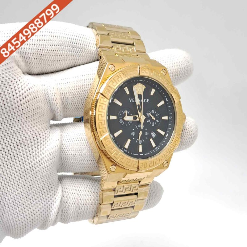 Versace V-Sporty Greca Chronograph Full Gold Black Dial Swiss Watch - Image 3