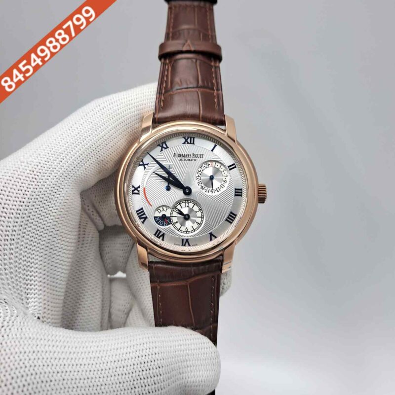 Audemars Piguet Jules Dual Time Power Resrve Rose Gold White Dial Brown Leather Swiss Automatic Watch