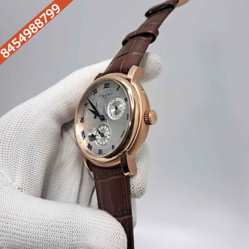 Audemars Piguet Jules Dual Time Power Resrve Rose Gold White Dial Brown Leather Swiss Automatic Watch - Image 2