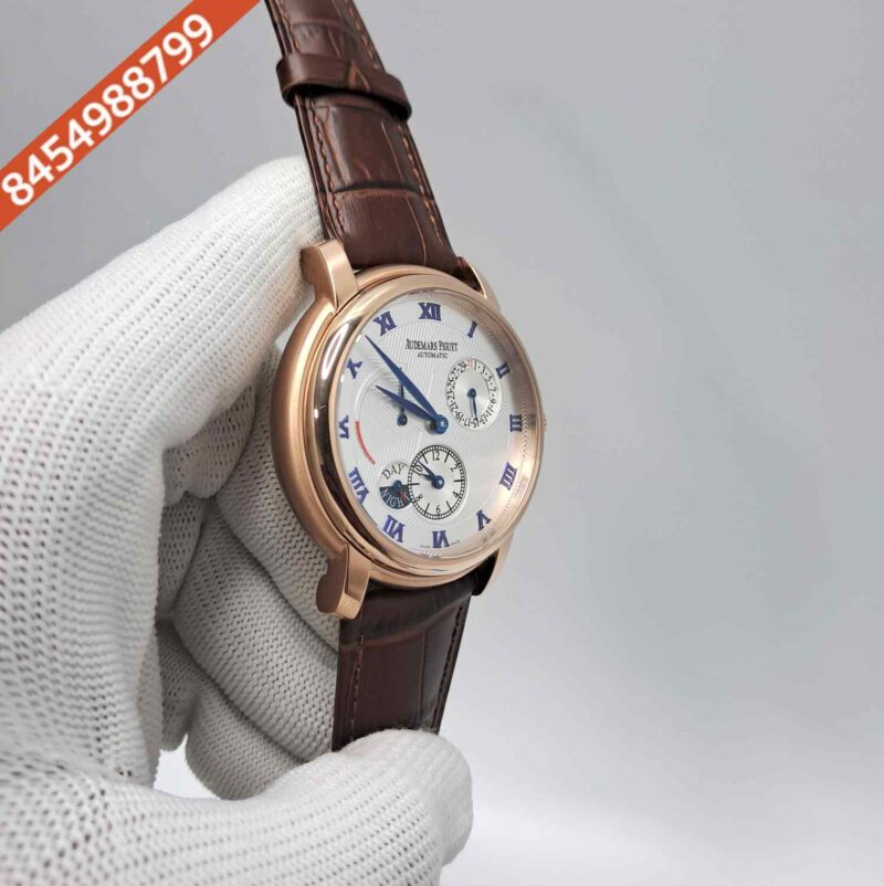 Audemars Piguet Jules Dual Time Power Resrve Rose Gold White Dial Brown Leather Swiss Automatic Watch - Image 3
